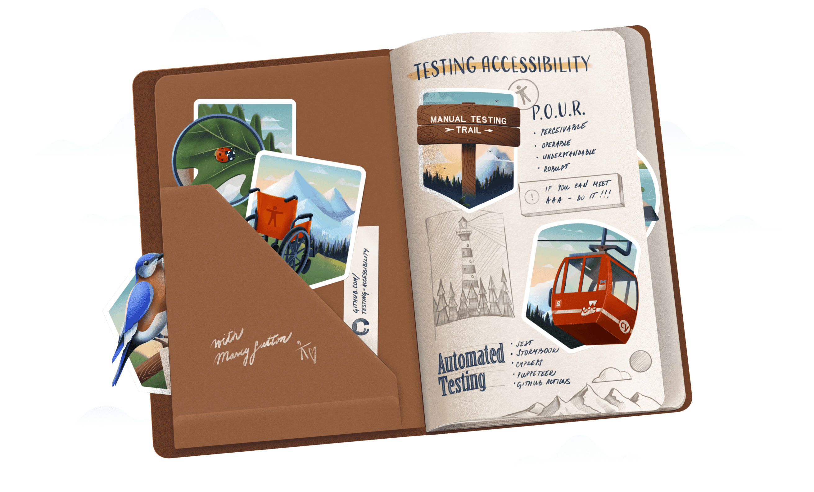 an opened travel journal with testing accessibility stickers