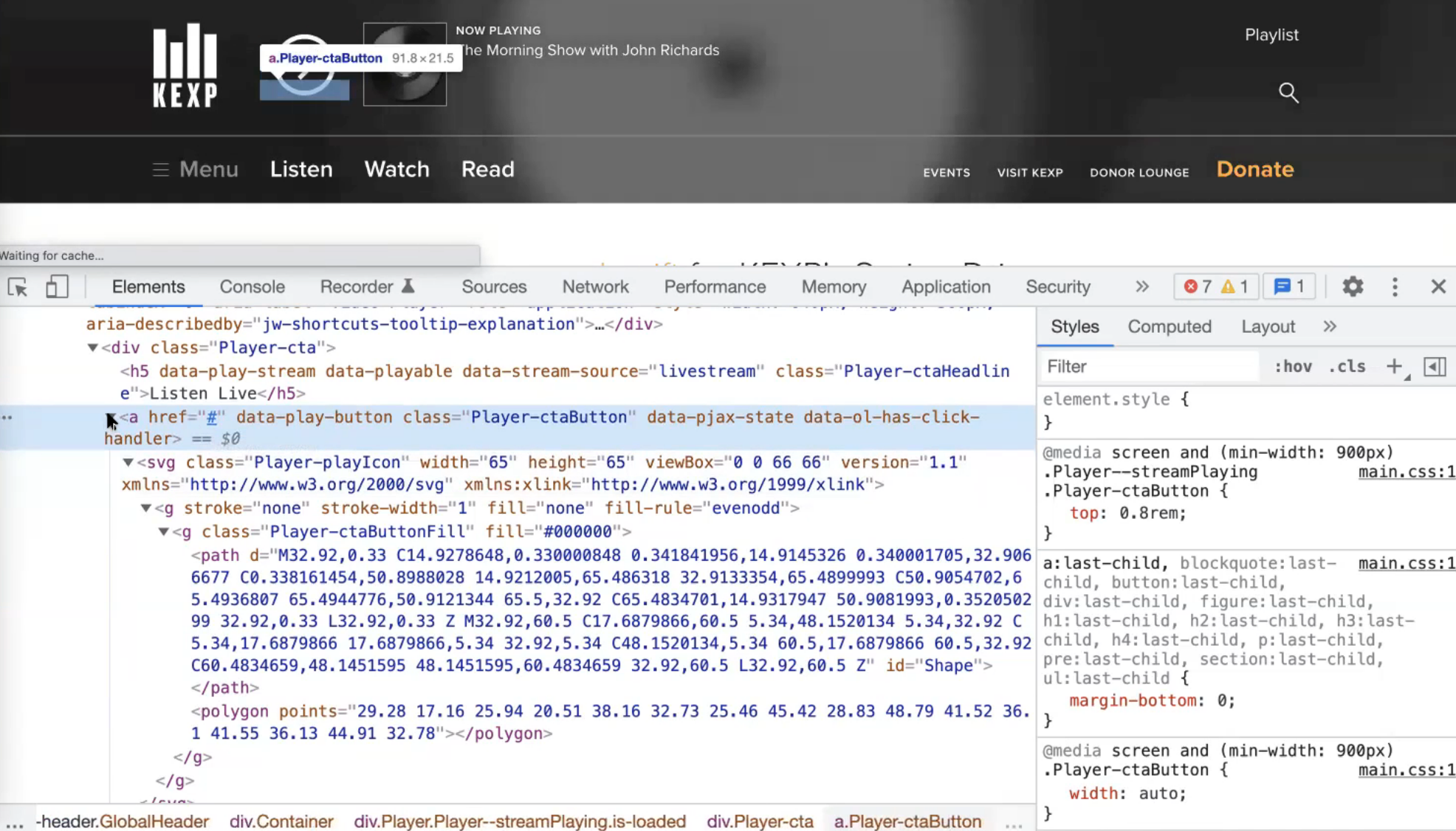 Inspecting the KEXP site in Chrome DevTools