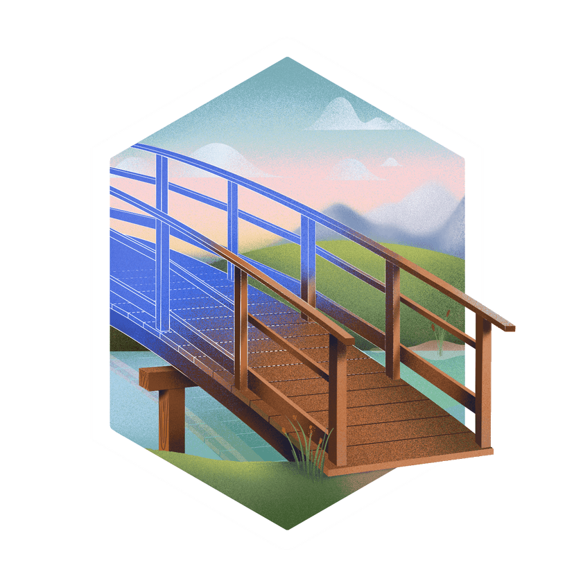 a wooden bridge that is half-sketched and half-finished