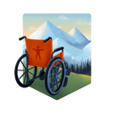 an empty wheelchair by the river in front of vast mountains