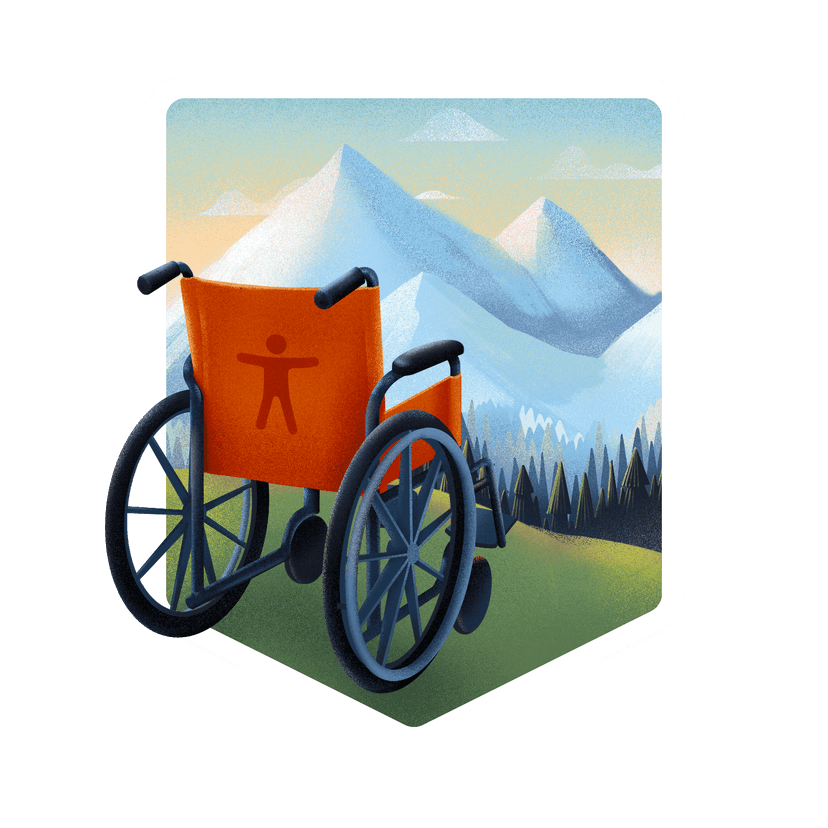 an empty wheelchair by the river in front of vast mountains