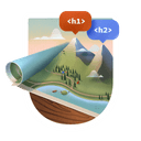 A paper map with two mountains standing out, the bigger one has a floating label of H1 and the smaller one H2. There's a small camp by the lake in front of the mountains.