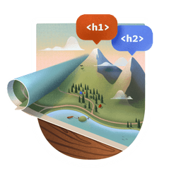 A paper map with two mountains standing out, the bigger one has a floating label of H1 and the smaller one H2. There's a small camp by the lake in front of the mountains.