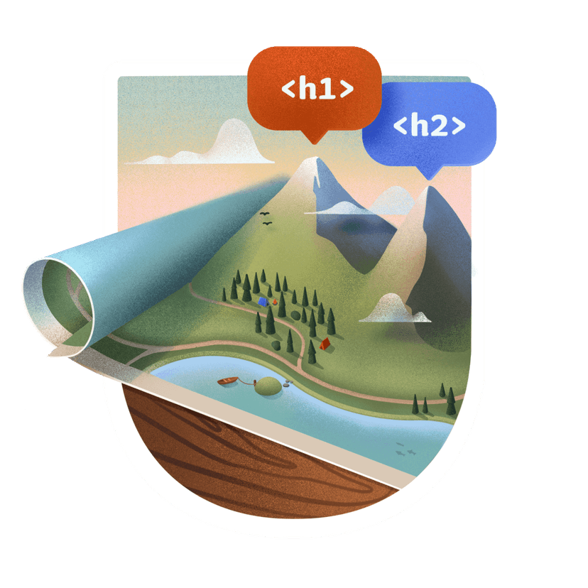 A paper map with two mountains standing out, the bigger one has a floating label of H1 and the smaller one H2. There's a small camp by the lake in front of the mountains.