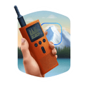 a hand holding a radio transmitter in front of a vast mountain
